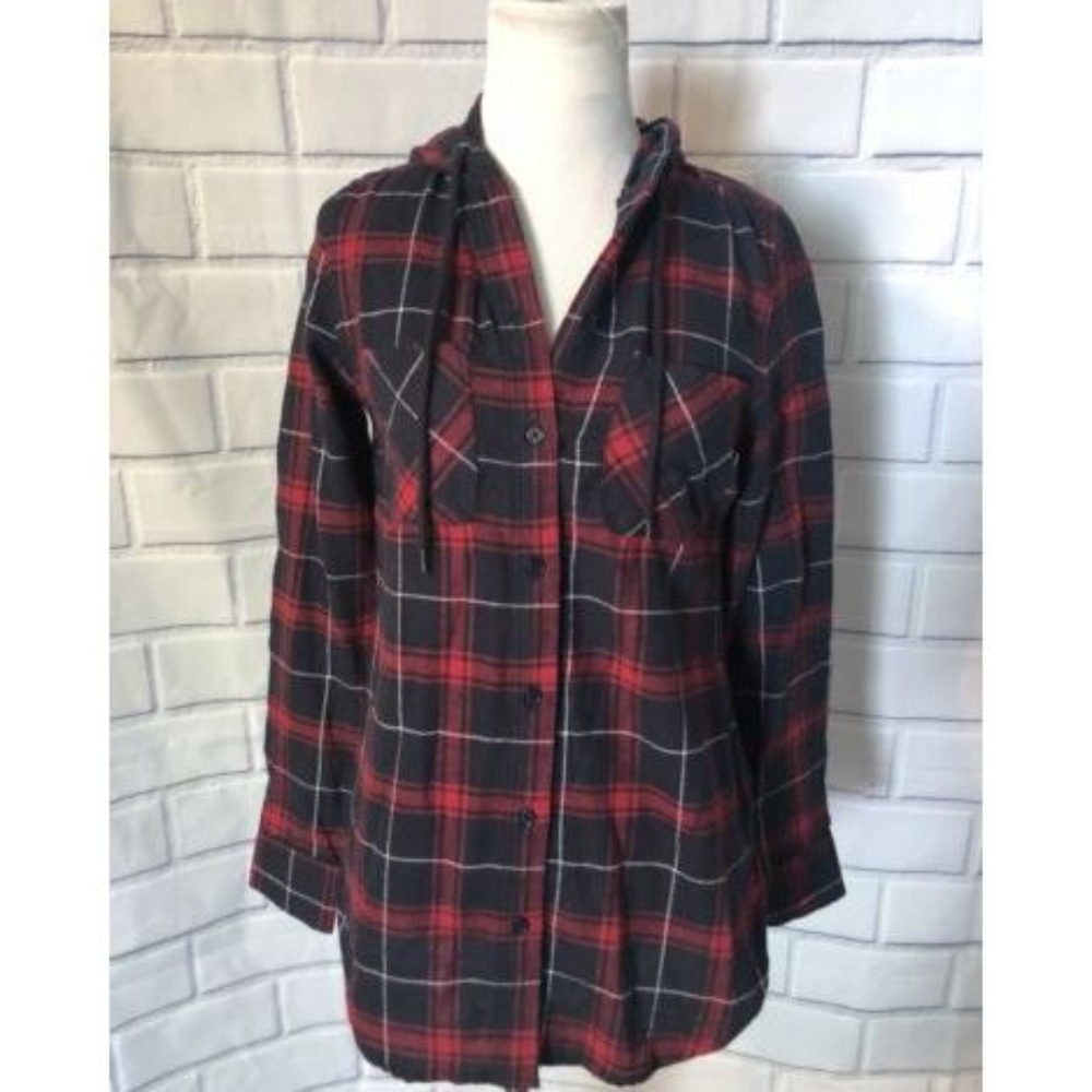 Polly & Esther Plaid Button Up Hooded Top Blouse